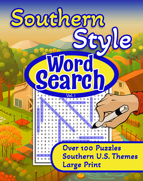 Artistic Cover for puzzle book with over 100 Southern-themed word search puzzles